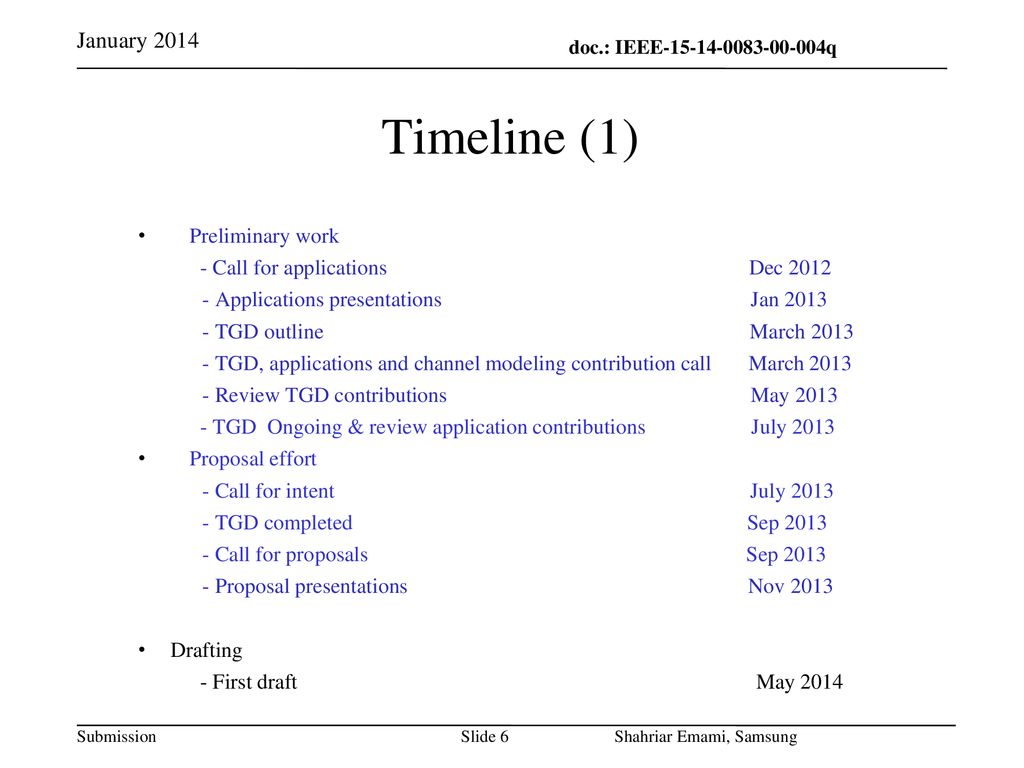 Timeline (1) January 2014 Preliminary work