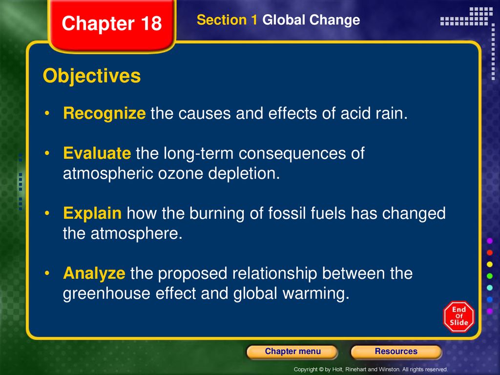 Chapter 18 Objectives Recognize the causes and effects of acid rain.