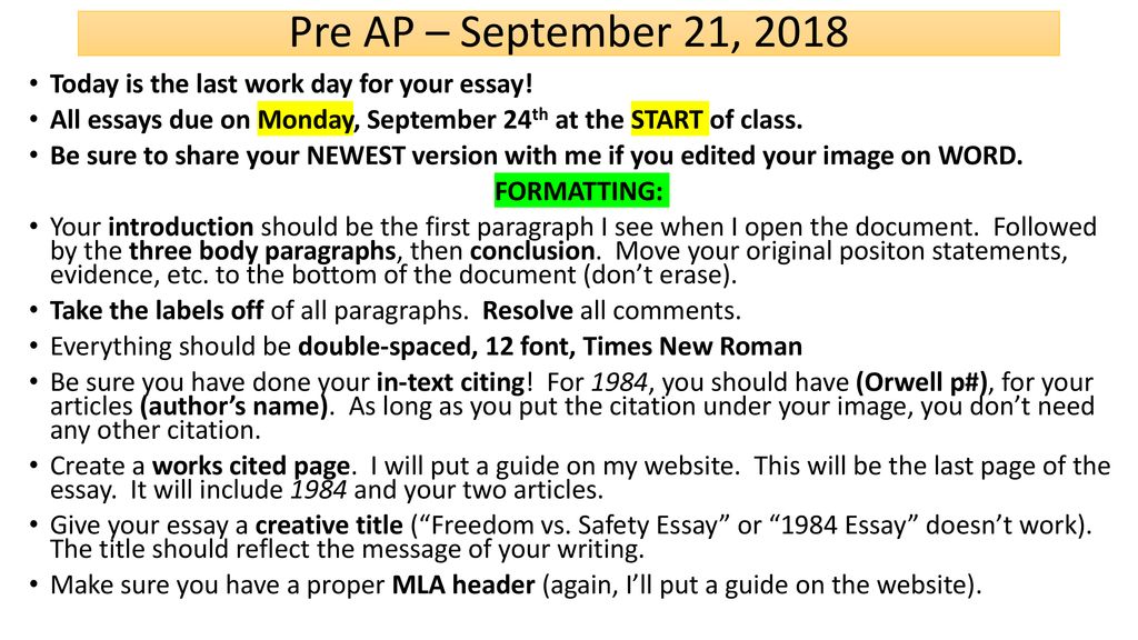 Pre ap september 21 2018 today is the last work day for your essay