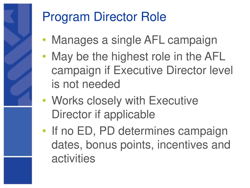 Program Director Role Manages a single AFL campaign