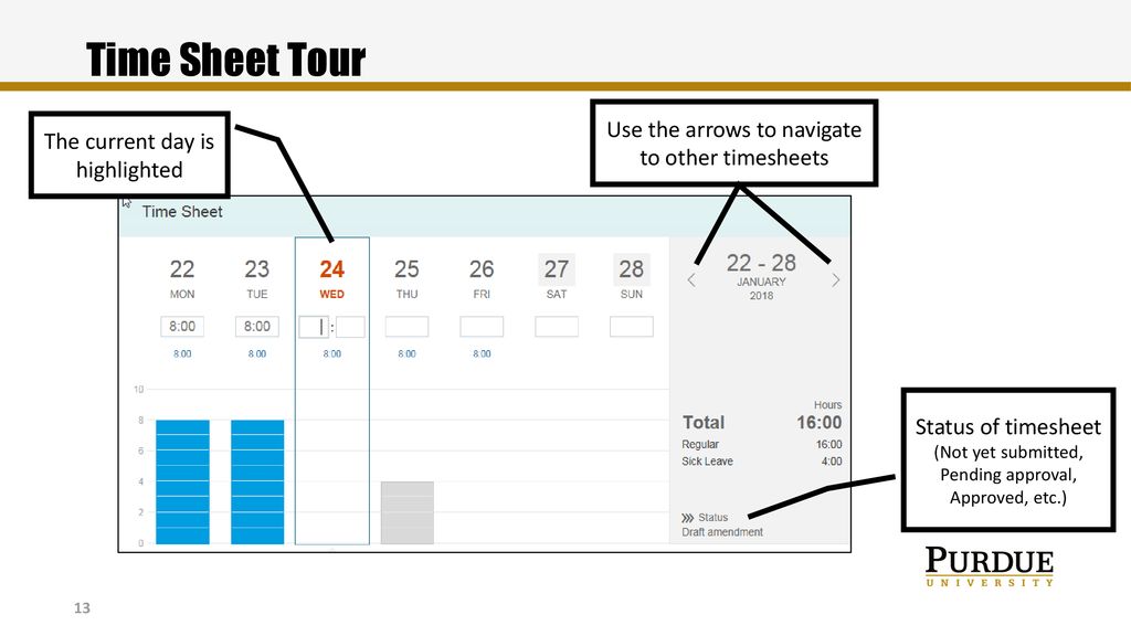 Time Sheet Tour Use the arrows to navigate to other timesheets