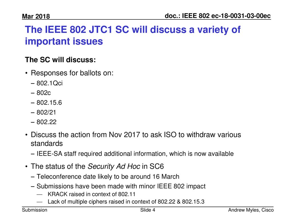 Ieee 802 jtc1 standing committee mar 2018 opening report for ec ppt