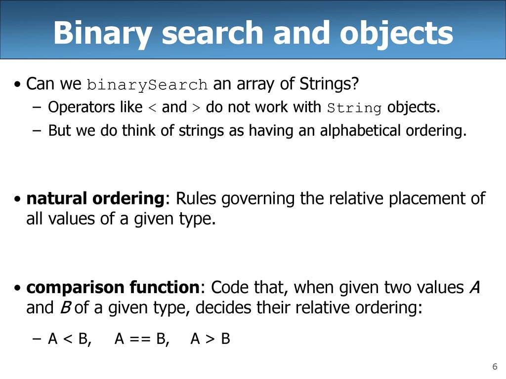 Binary search and objects