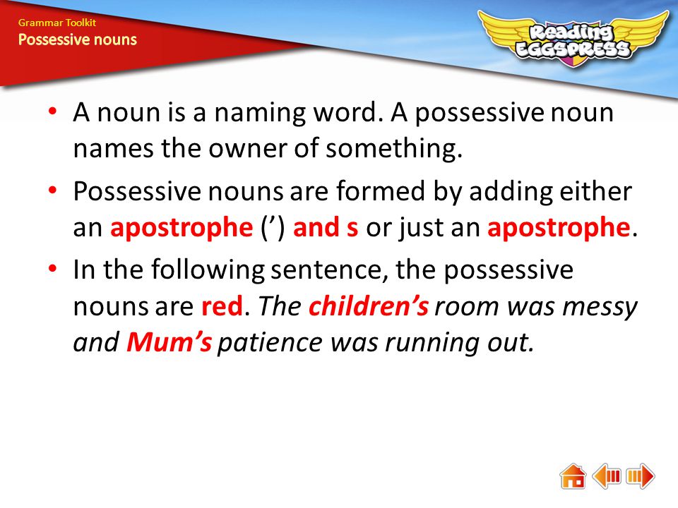 Grammar Toolkit Possessive nouns. A noun is a naming word. A possessive noun names the owner of something.