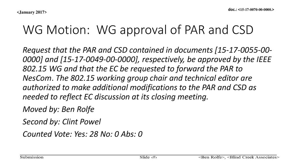 WG Motion: WG approval of PAR and CSD