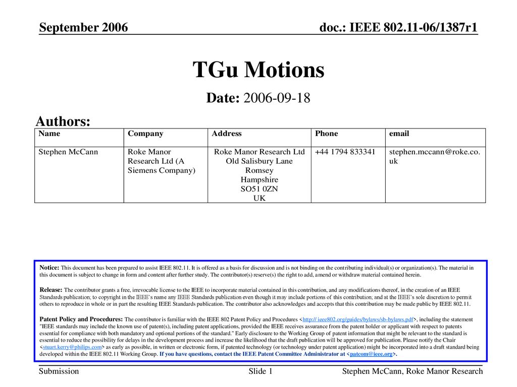 TGu Motions Date: Authors: September 2006 September 2006