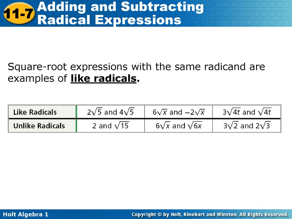 Square-root expressions with the same radicand are examples of like radicals.