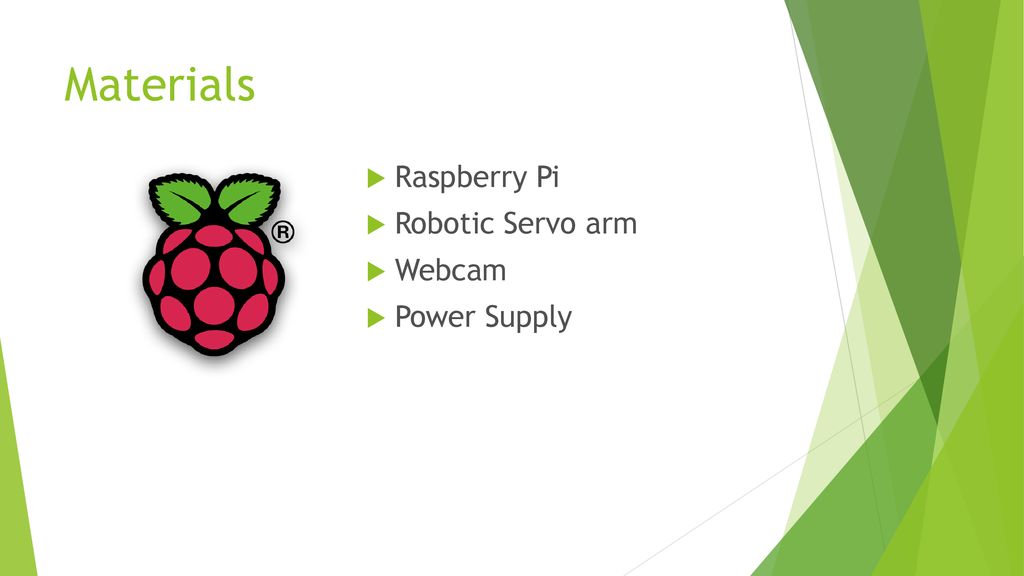 Materials Raspberry Pi Robotic Servo arm Webcam Power Supply