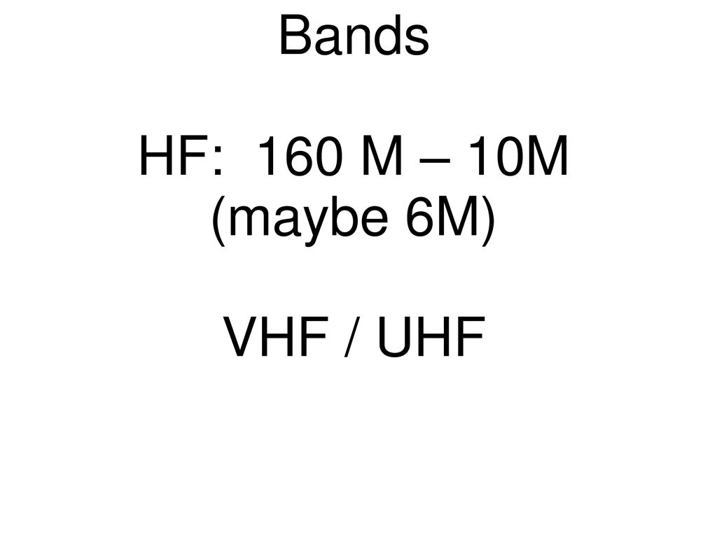 Bands HF: 160 M – 10M (maybe 6M) VHF / UHF