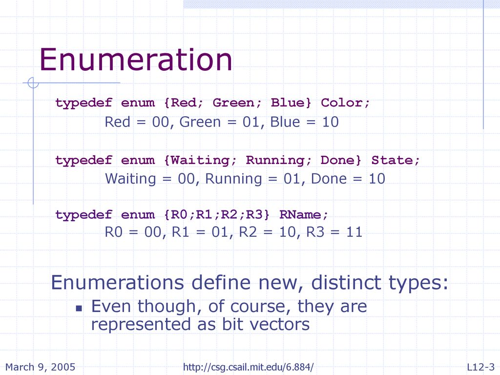 Enumeration Enumerations define new, distinct types: