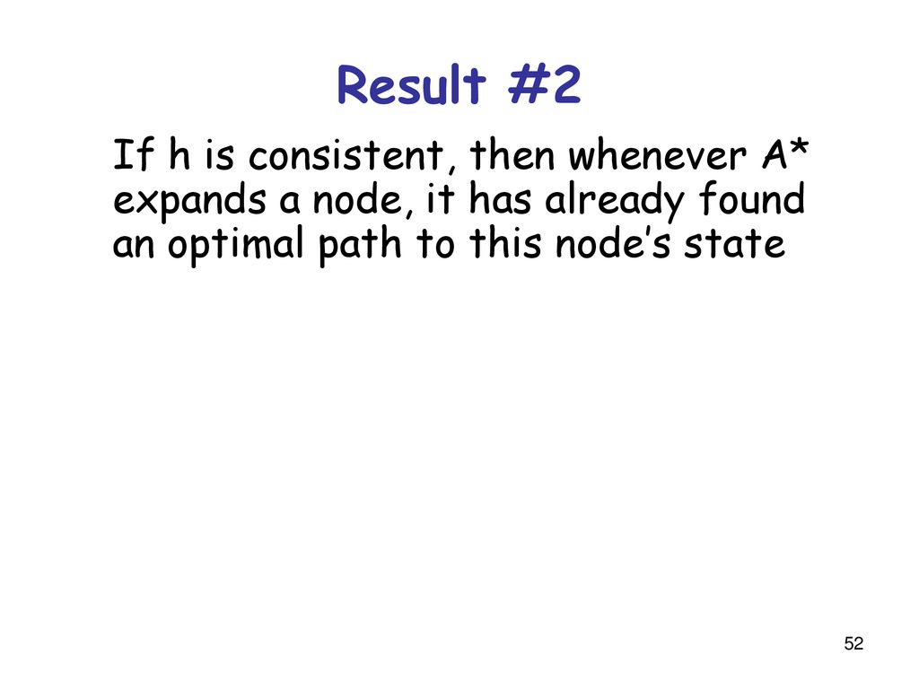 Result #2 If h is consistent, then whenever A* expands a node, it has already found an optimal path to this node’s state.