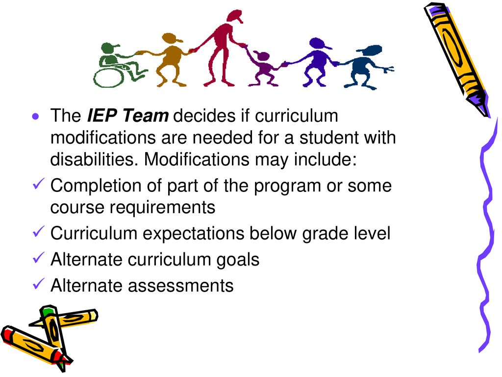 The IEP Team decides if curriculum modifications are needed for a student with disabilities. Modifications may include: