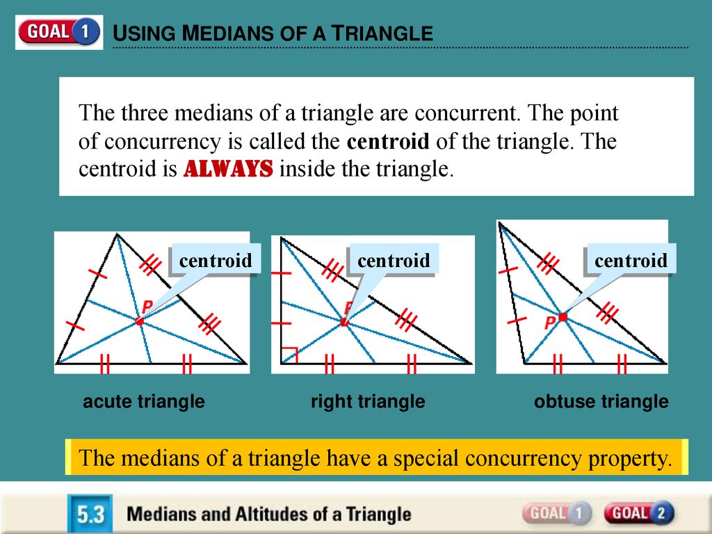 The three medians of a triangle are concurrent. The point