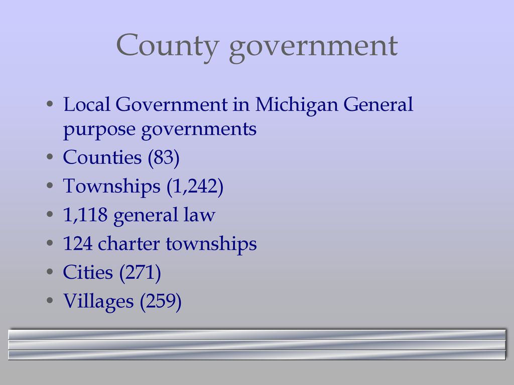 County government Local Government in Michigan General purpose governments. Counties (83) Townships (1,242)