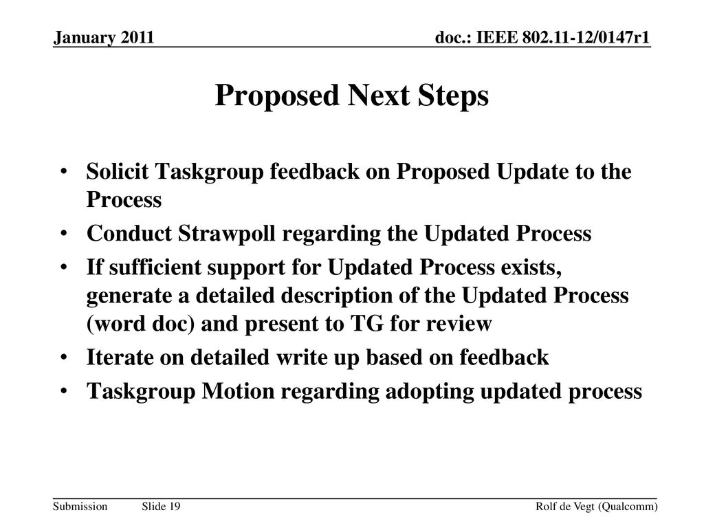 Month Year doc.: IEEE /0xxxr0. January Proposed Next Steps. Solicit Taskgroup feedback on Proposed Update to the Process.