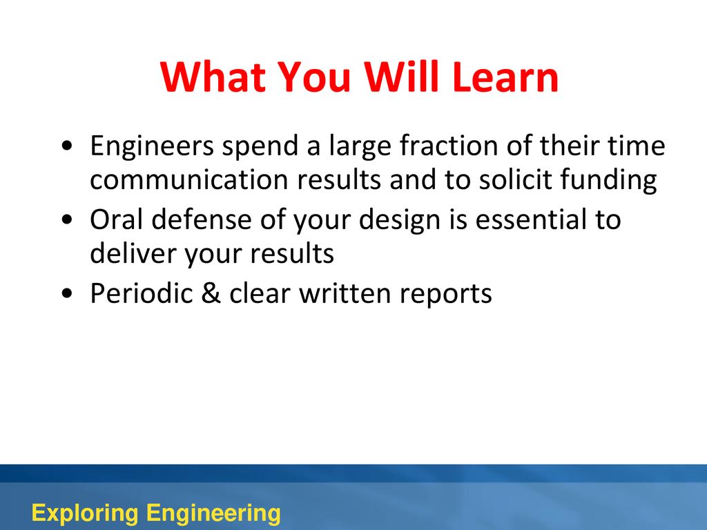 What You Will Learn Engineers spend a large fraction of their time communication results and to solicit funding.