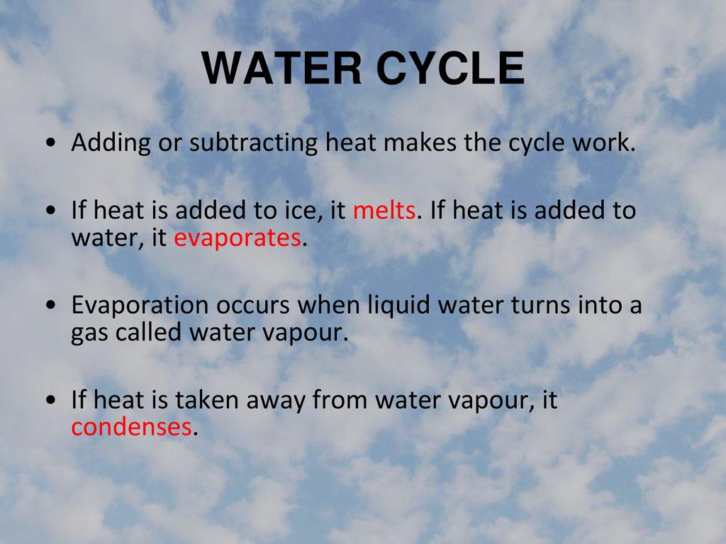 WATER CYCLE Adding or subtracting heat makes the cycle work.