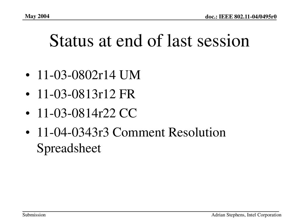 Status at end of last session