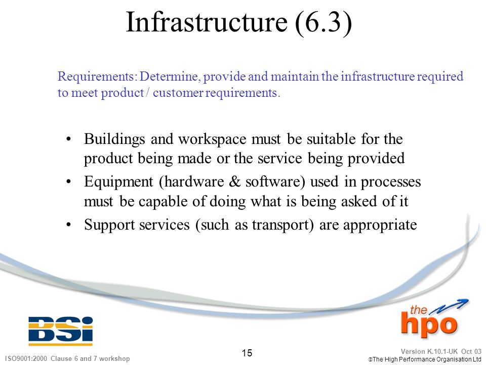 Infrastructure (6.3) Requirements: Determine, provide and maintain the infrastructure required. to meet product / customer requirements.