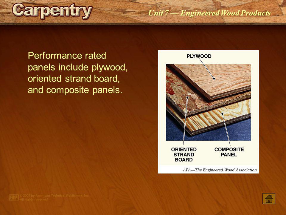 Performance rated panels include plywood, oriented strand board, and composite panels.
