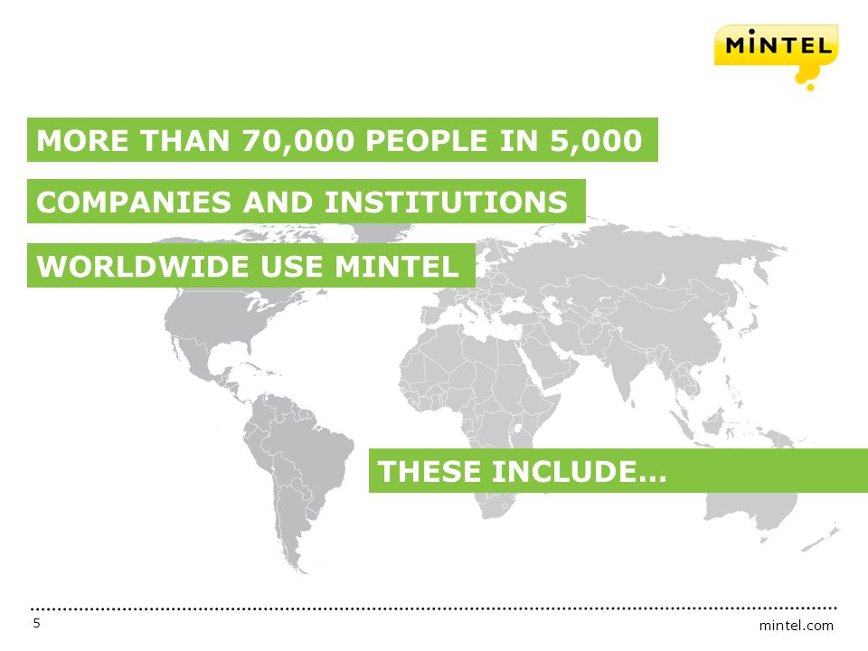 MORE THAN 70,000 PEOPLE IN 5,000 COMPANIES AND INSTITUTIONS WORLDWIDE USE MINTEL THESE INCLUDE…