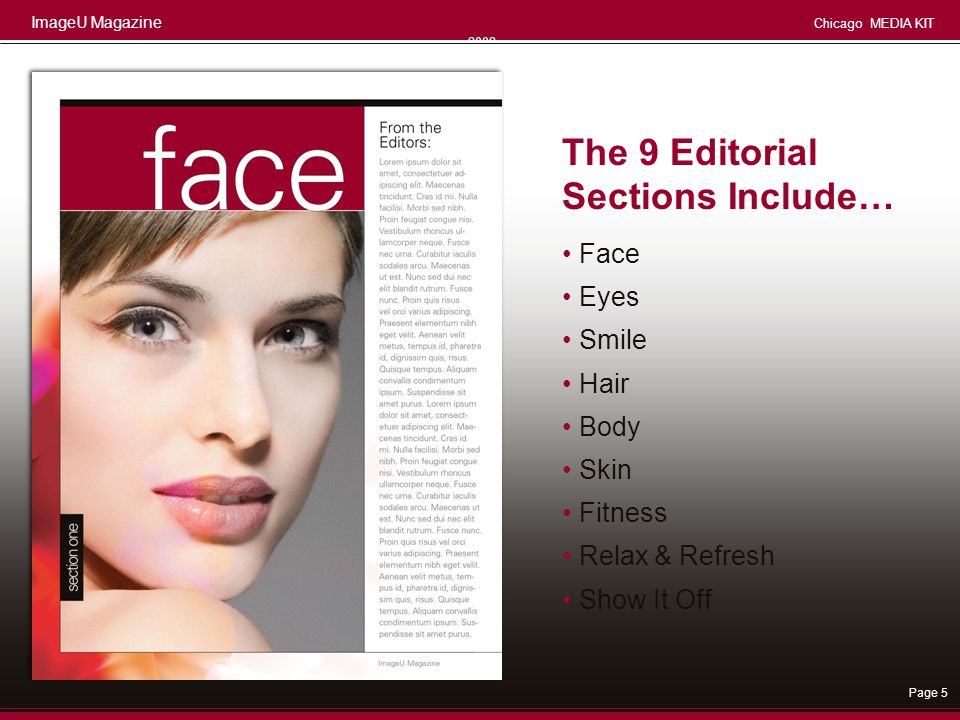 The 9 Editorial Sections Include… • Face • Eyes • Smile • Hair • Body