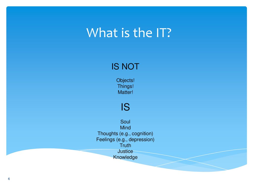 What is the IT IS IS NOT Objects! Things! Matter! Soul Mind
