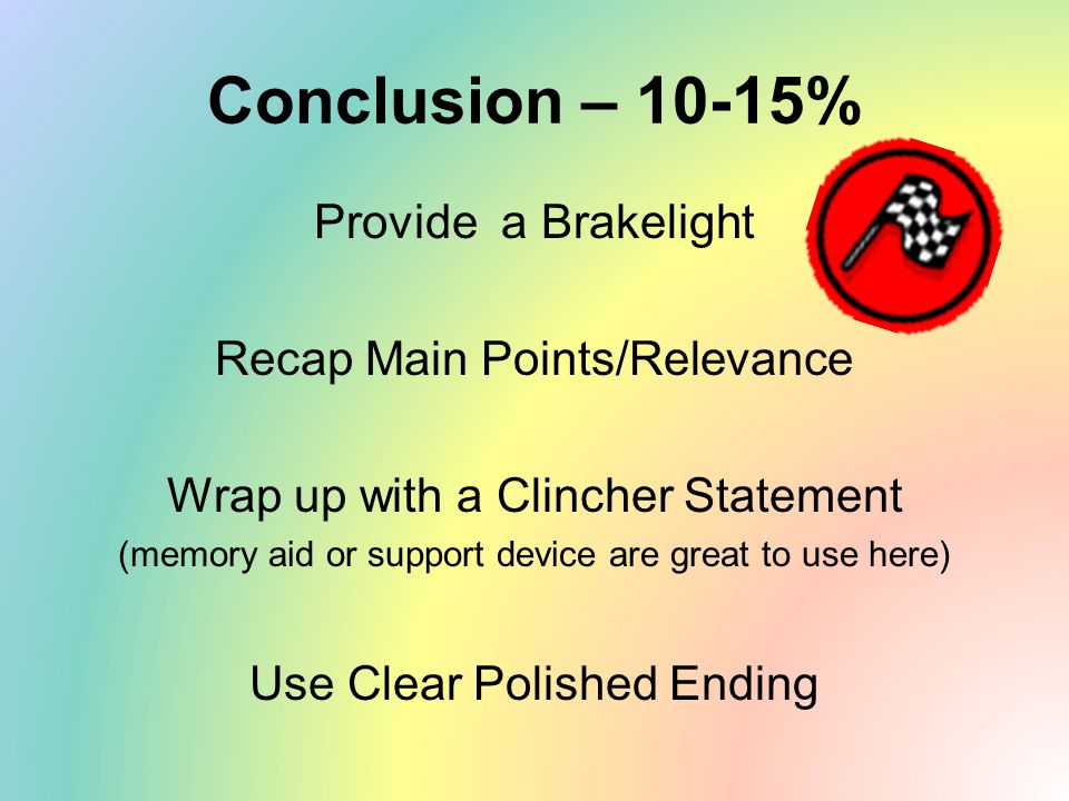 Conclusion – 10-15% Provide a Brakelight Recap Main Points/Relevance