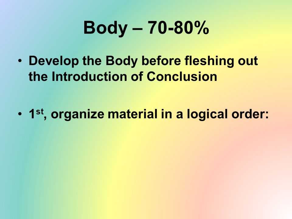 Body – 70-80% Develop the Body before fleshing out the Introduction of Conclusion.