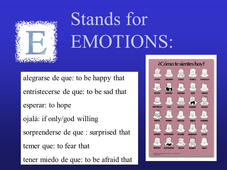 Stands for EMOTIONS: alegrarse de que: to be happy that