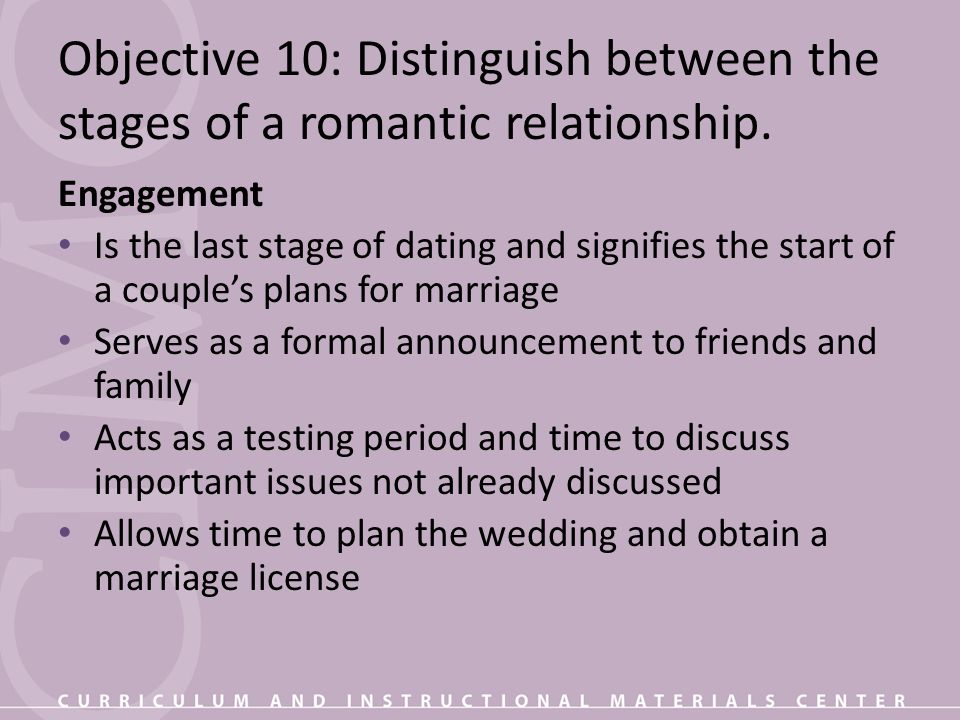 Objective 10: Distinguish between the stages of a romantic relationship.