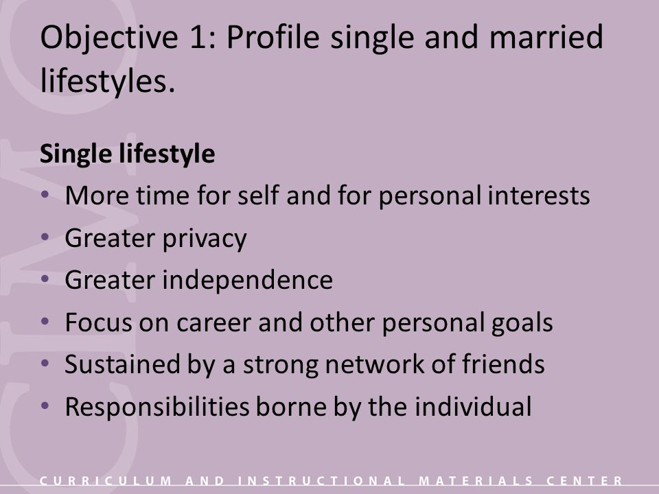 Objective 1: Profile single and married lifestyles.