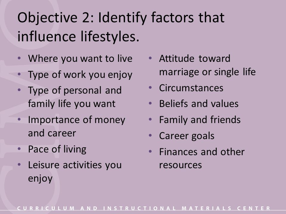 Objective 2: Identify factors that influence lifestyles.