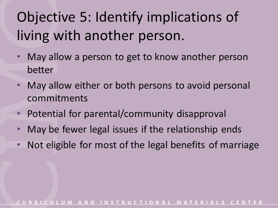 Objective 5: Identify implications of living with another person.