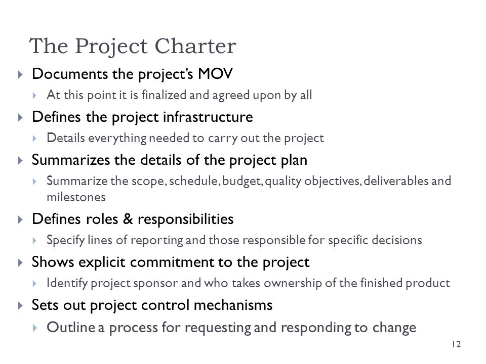 The Project Charter Documents the project’s MOV