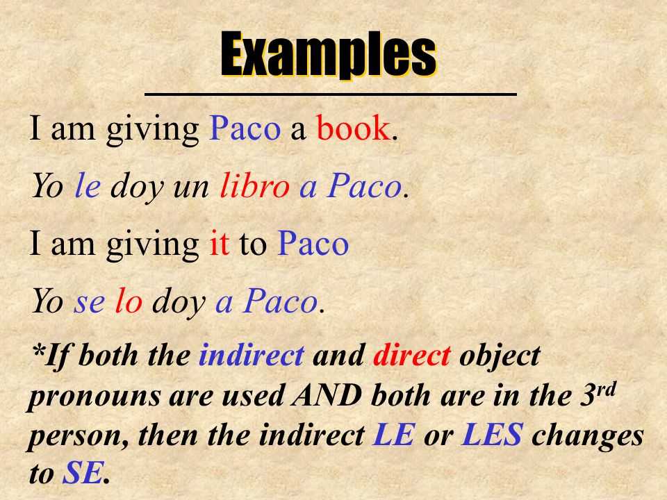 Examples I am giving Paco a book. Yo le doy un libro a Paco.