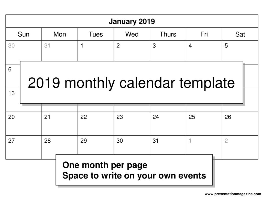 2019 Monthly Calendar Template - Ppt Download