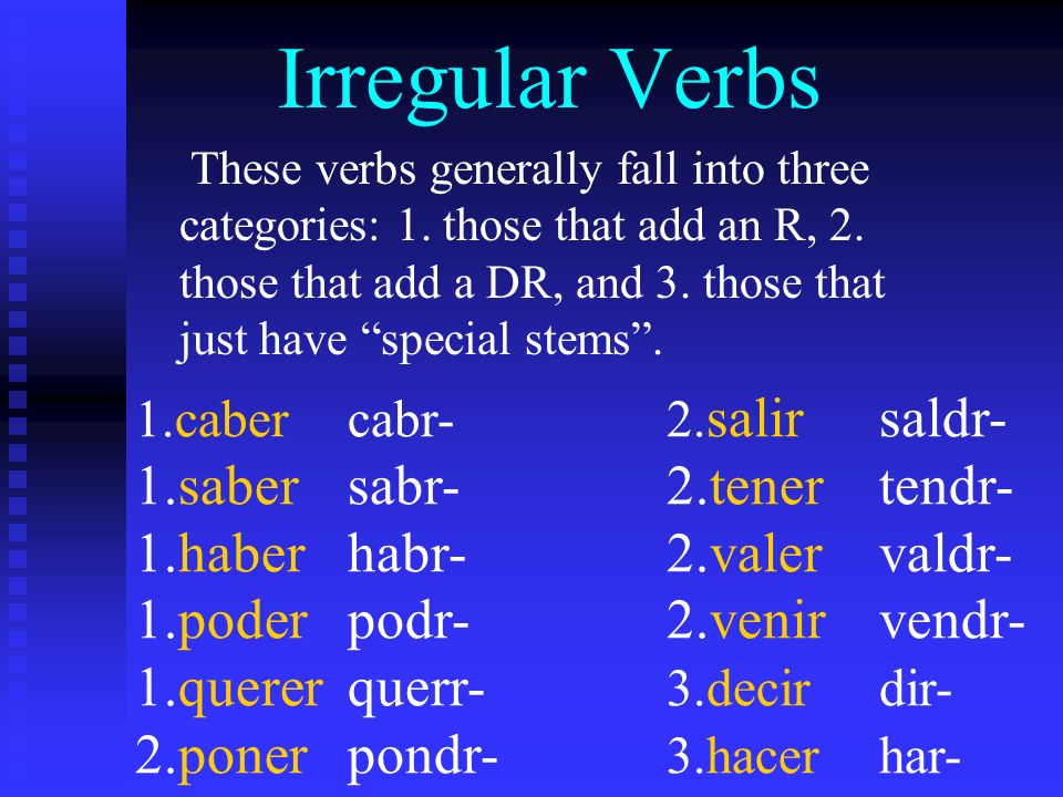 Irregular Verbs 1.saber sabr- 2.tener tendr-