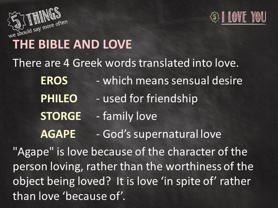 The Bible and Love There are 4 Greek words translated into love.