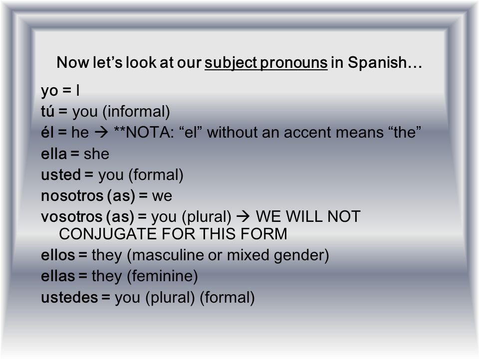 Now let’s look at our subject pronouns in Spanish…