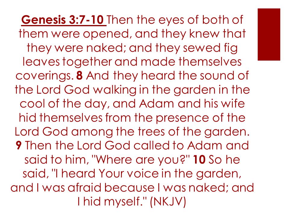 Genesis 3:7-10 Then the eyes of both of them were opened, and they knew that they were naked; and they sewed fig leaves together and made themselves coverings.