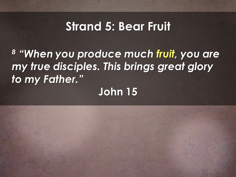 Strand 5: Bear Fruit 8 When you produce much fruit, you are my true disciples. This brings great glory to my Father.
