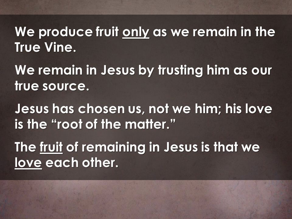 We produce fruit only as we remain in the True Vine.
