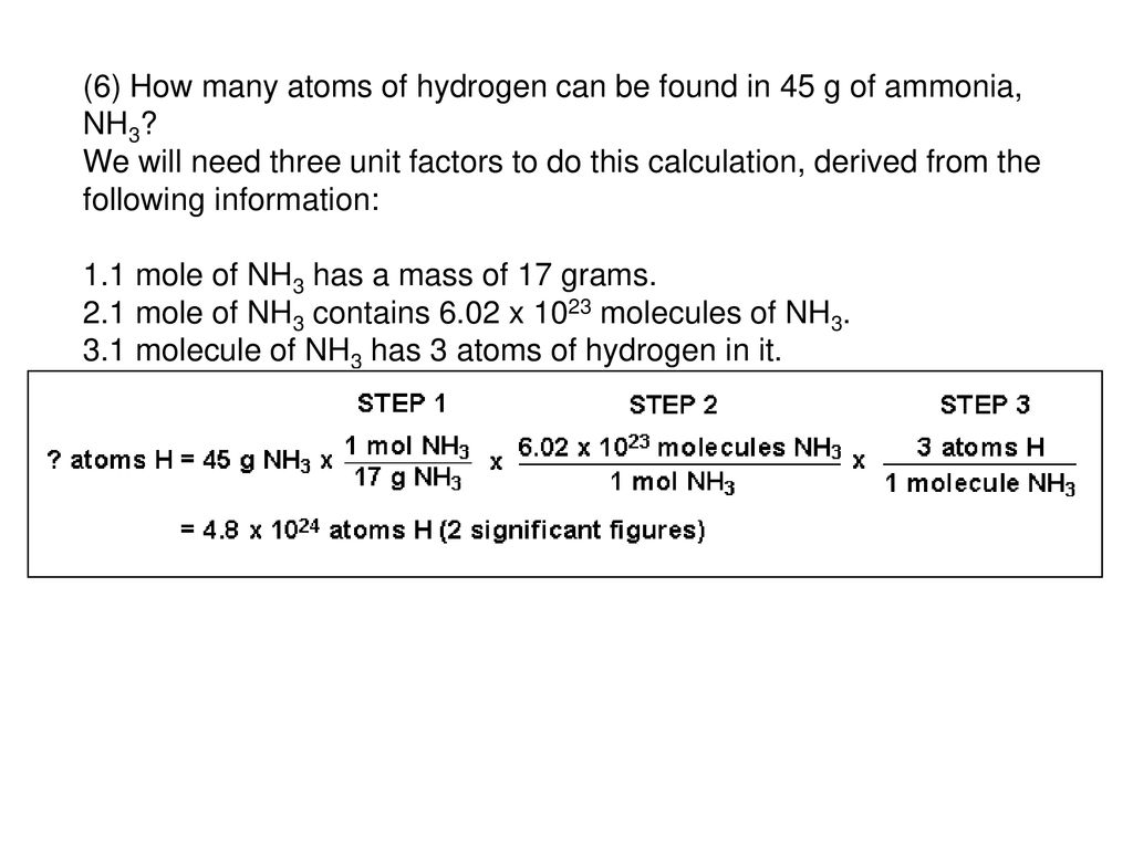 (6) How many atoms of hydrogen can be found in 45 g of ammonia, NH3