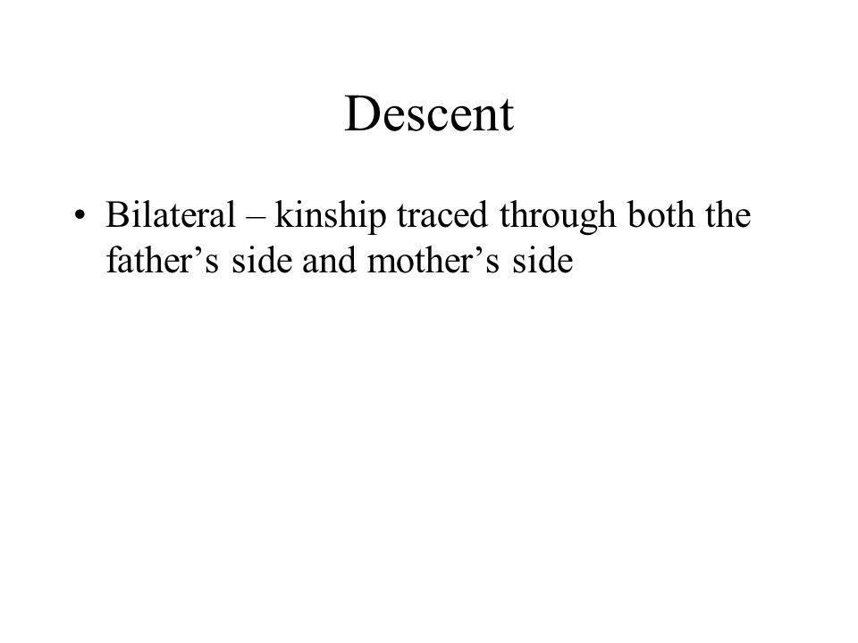 Descent Bilateral – kinship traced through both the father’s side and mother’s side