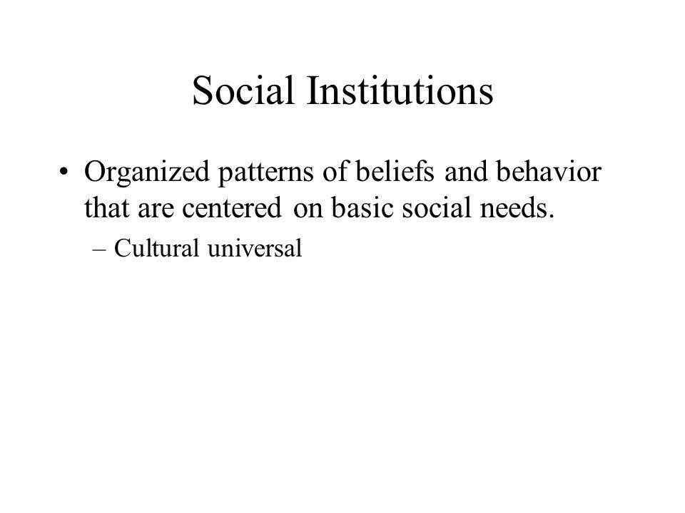Social Institutions Organized patterns of beliefs and behavior that are centered on basic social needs.