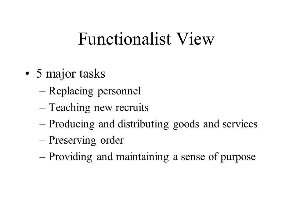 Functionalist View 5 major tasks Replacing personnel