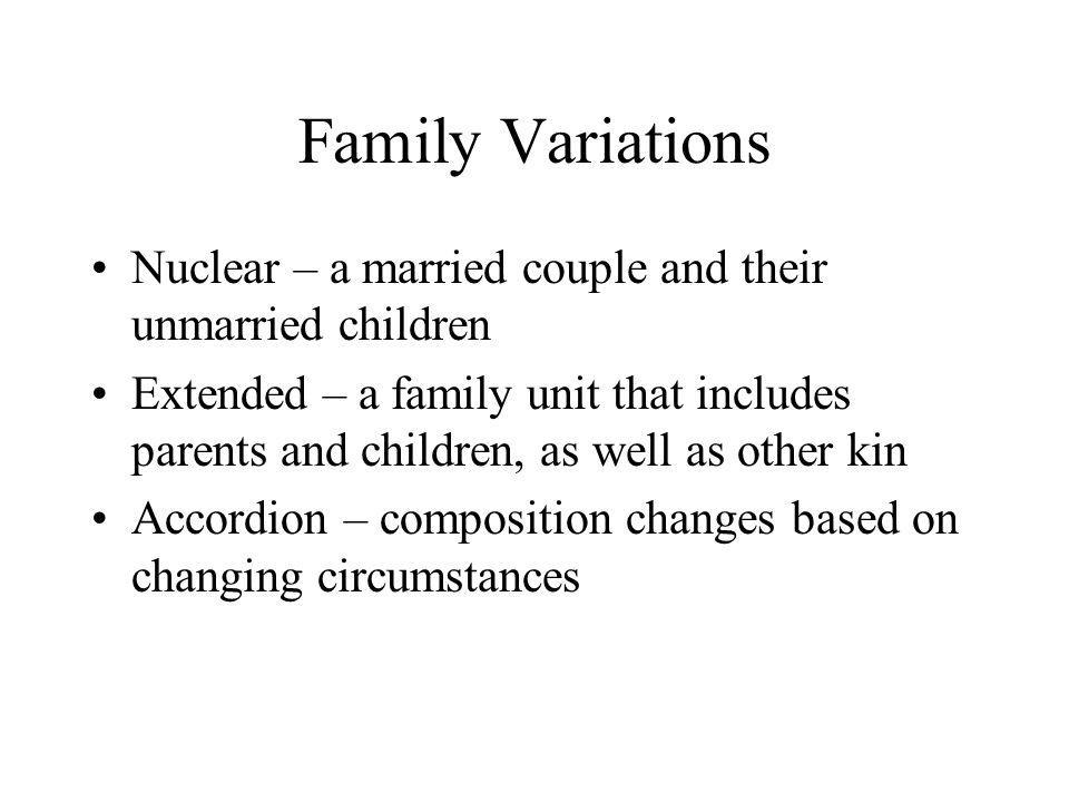 Family Variations Nuclear – a married couple and their unmarried children.