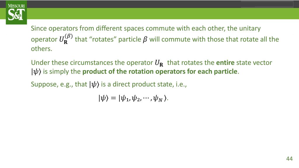 Since operators from different spaces commute with each other, the unitary operator 𝑈 𝐑 (𝛽) that rotates particle 𝛽 will commute with those that rotate all the others.