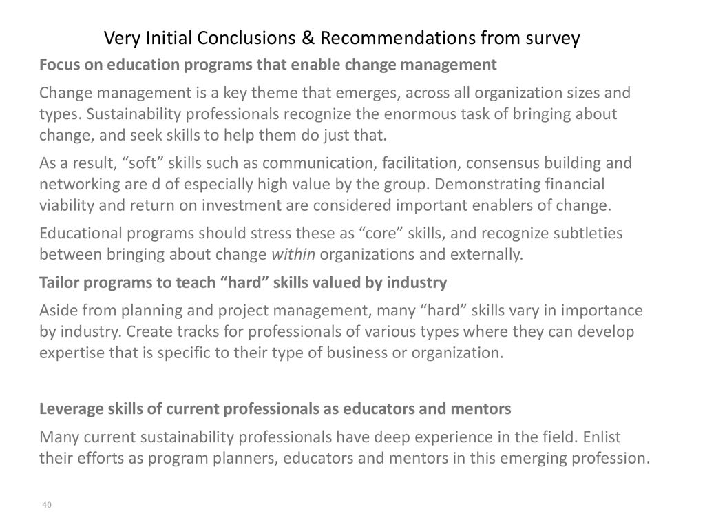 Very Initial Conclusions & Recommendations from survey